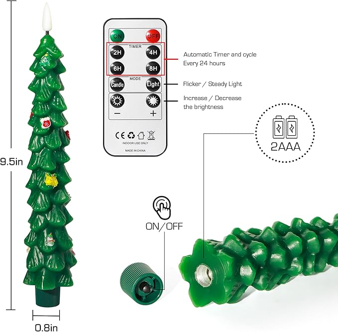3 PCS Christmas Tree Taper Candles with Remote & Timer, Flameless Christmas Tree Wax Battery Operated Green Tree LED Candle for Christmas Home Decor(3pcs,9.5inch)
