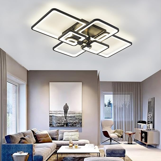 Modern LED Ceiling Light,6 Square Acrylic Black Modern Lighting Fixture Ceiling Lights for Living Room,Dimmable Lamp with Remote for Dining Room, Flush Mount Bedroom Light Fixture