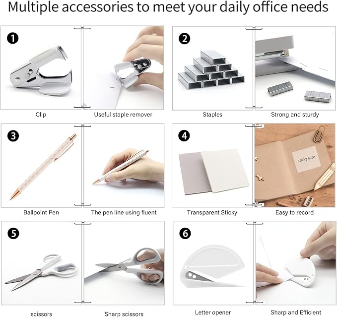 White Office Supplies, Shellvcase White Desk Accessories, Stapler and Tape Dispenser Set for Women with Stapler, Tape Dispenser, Staple Remover, Staples, Clips, Scissor and Pens for Students