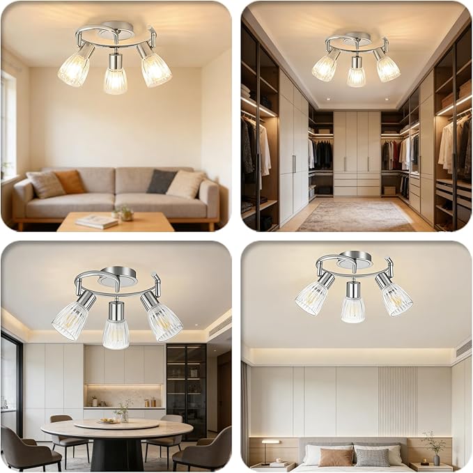 HiBay 3-Light Ceiling Light Fixture, Directional Modern Chrome Track Lighting w/Glass Shades, Flush Mount Ceiling Spotlight Indoor for Kitchen, Bedroom, Living Room, E12 Base, No Bulbs