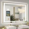 OKPAL 48x40 Gold LED Mirror for Bathroom with Frontlit & Backlit, Metal Framed Lighted Bathroom Mirror with Lights, Anti-Fog, Dimmable 3 Colors, Shatterproof, Horizontal/Vertical