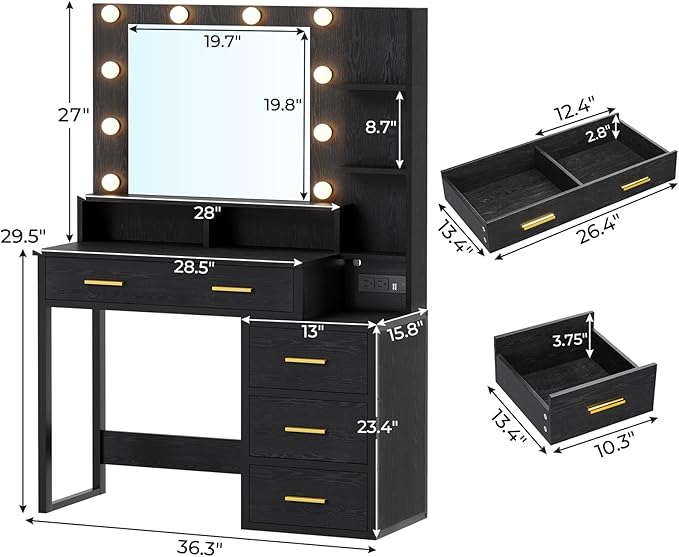 Tiptiper Makeup Vanity with Lights, Black Vanity Desk with Mirror & 3 Lighting Modes, Vanity Table with USB Ports and Outlets, Makeup Table with Nightstand & Storage Shelves & Drawers (Modern Black)