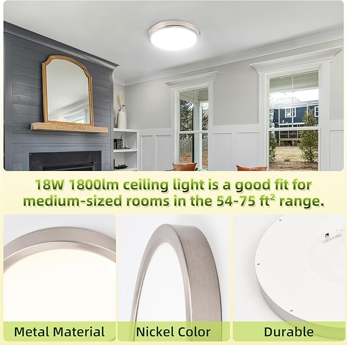 hykolity 9 Inch Selectable CCT LED Round Flat Panel Light, 18W 1800LM 3000K/4000K/5000K, Edge-Lit Flush Mount Ceiling Light Fixture for Kitchen, Bedroom, Laundry and Closet Room, Brush Nickel