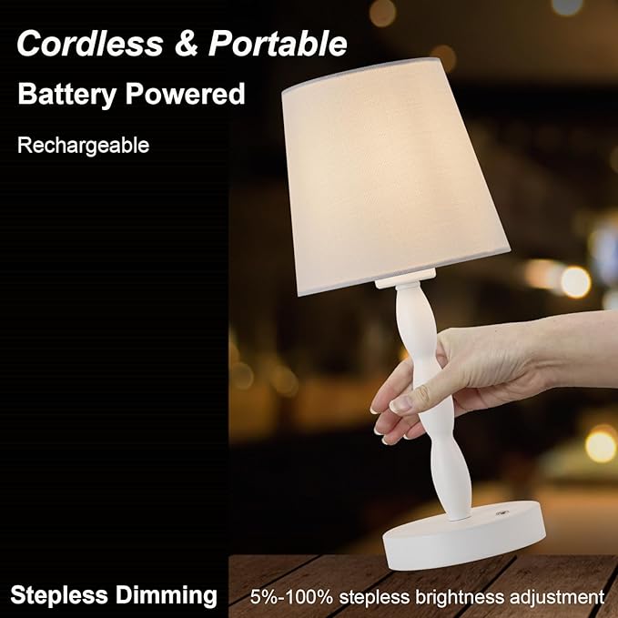 CASTLELIFE Portable Cordless Table Lamp,Touch Desk Lamp Rechargeable Battery Powered, 3-Level Brightness Stepless Dimmable Bedside Night Lamp,for Bedroom/Restaurant/Bars/Outdoor, Bulb Included, White
