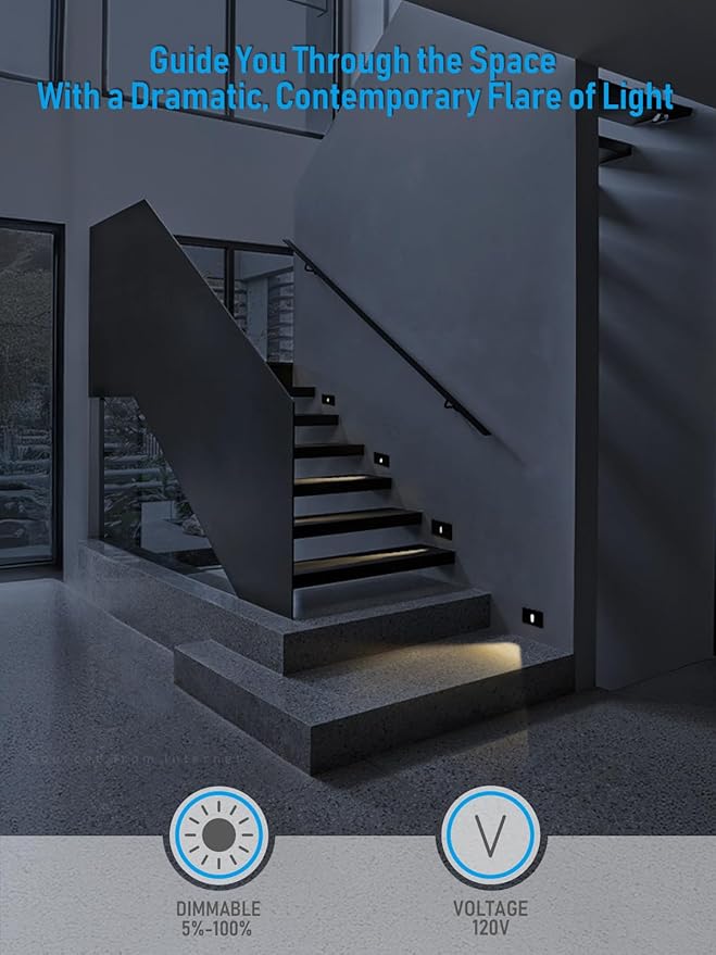 LEONLITE 5CCT 120V LED Step Light, Dimmable Pin Hole Stair Lights Indoor, Anti-Glare 30° Streamlined Lighting Effect for Staircase Bedroom, CRI90, 5 Color Temperature, ETL, Black, Horizontal, 6 Pack