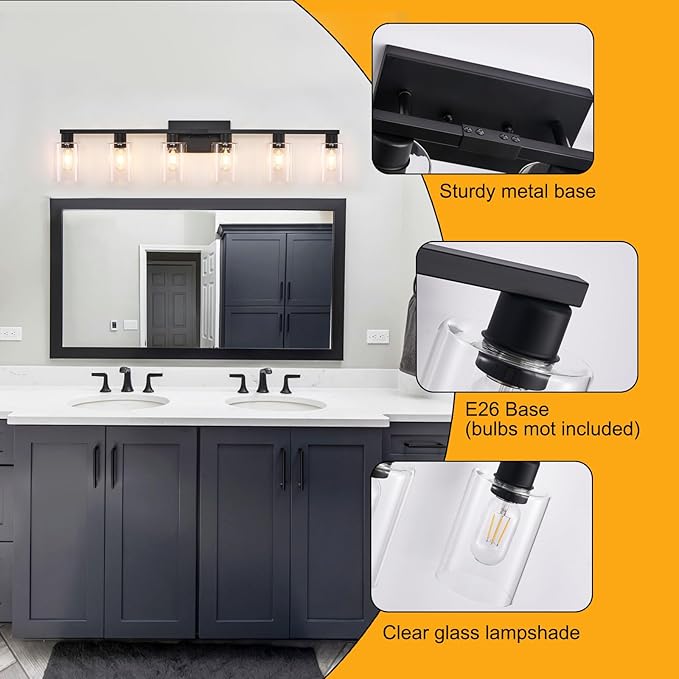 6-Light Bathroom Vanity Light Black Vanity Lights for Bathroom Light Fixtures Matte Black 6 Light Fixtures with Clear Glass Shades for Bath Over Mirror