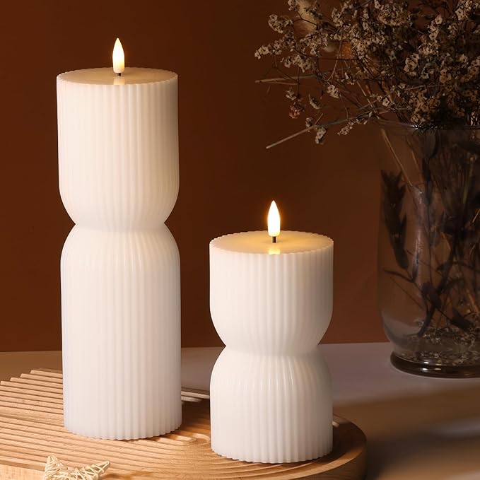 White Ribbed Flameless Pillar Candles with Remote, Real Wax Flickering Battery LED Candles Set of 2