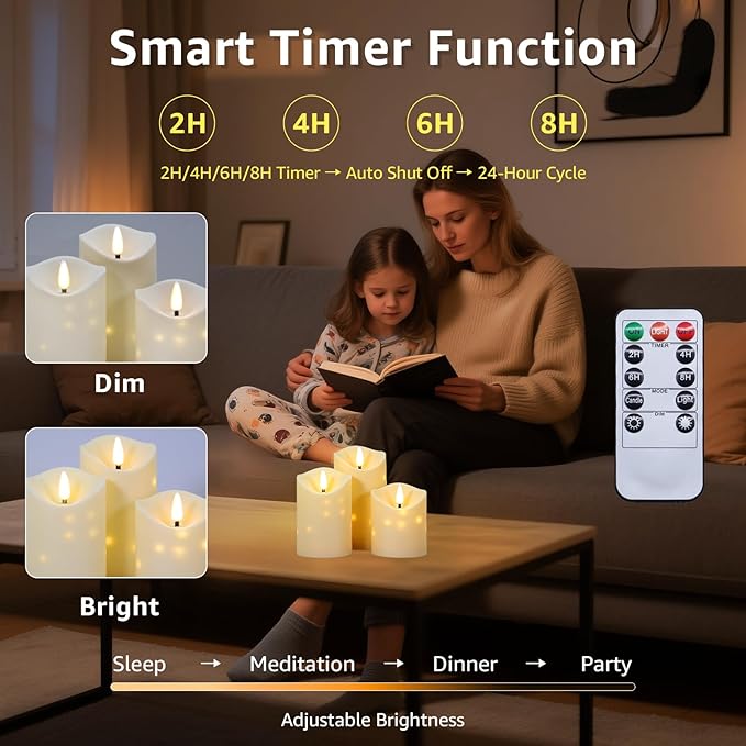 uuffoo Flameless Candles with Timer 3Pc Battery Operated Flickering Pillar Candle w/Remote, 3D Wick Acrylic LED Pillar Candles for Halloween Christmas Home Decoration (Ivory)