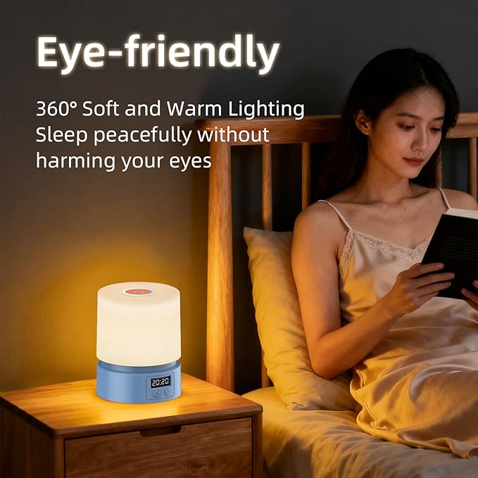 Nursery Night Light with Clock for Kids, Touch Lamp Bedside Desk Lamp, Portable Breastfeeding Night Lamp for Baby, 3 Color Stepless Dimming Up for Restaurant,Bedroom,Rechargeable (Blue)