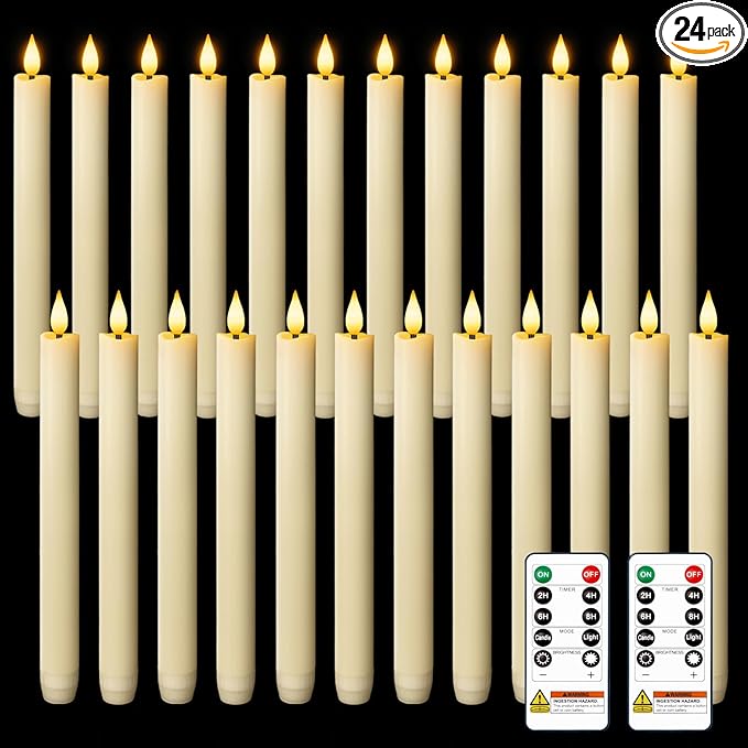 Homemory 24 Pcs Waxy Flameless Taper Candles with Remote, Flickering Battery Operated Taper Candles, Led Flameless Candlesticks Classic Tall Candle for Home, Wedding, Party, Ivory, 9.6 inches