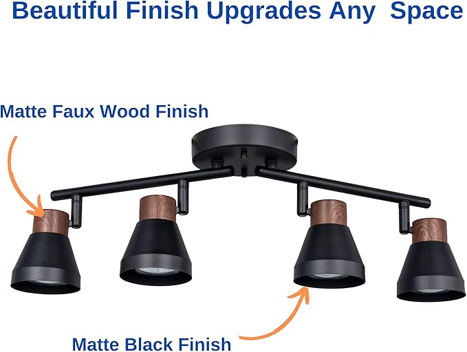 4 Light Modern Track Lighting Kit Black and Faux Wood Finish, Flexibly Adjustable Arm with Multi-Directional Ceiling Spotlight for Kitchen, Bedroom, Living Room,Ding Room Gu10 Not Included
