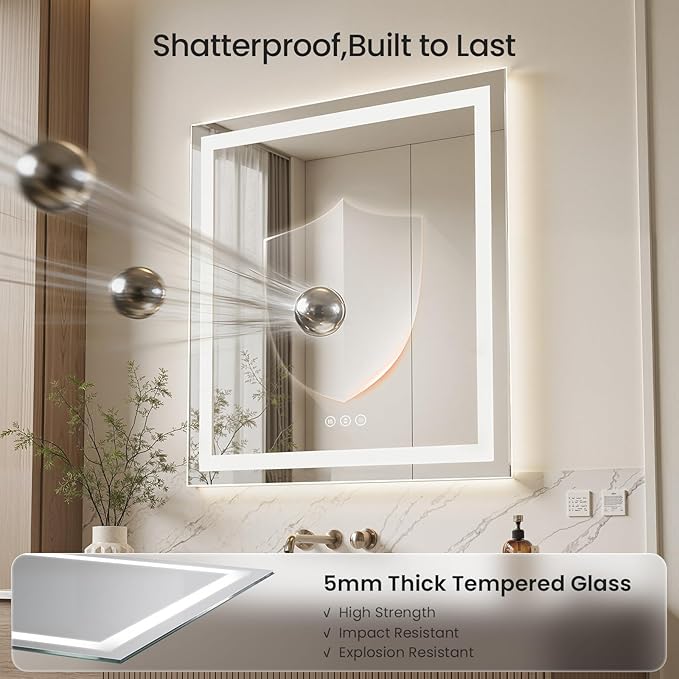 60X40 LED Bathroom Mirror with Lights, Anti-Fog, Dimmable - Lighted Bathroom Vanity Mirror with Front & Back Light, 3 Color Temperatures, Memory Function, Tempered Glass (Horizontal/Vertical)