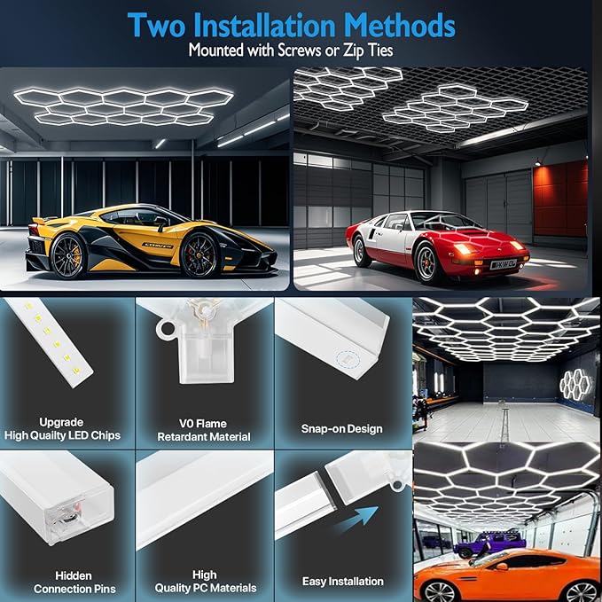 31Lights LED Hexagon Garage Lights,7-Hex Honeycomb Lights 38800Lumens Hexagon DIY Super Bright Car Detailing Ceiling 388W LED Shop Light for Warehouse Workshop Gym Basement