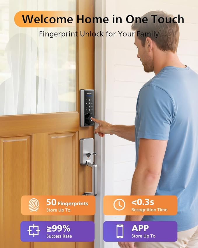 Philips WiFi Smart Lock with Front Door Handle Set, Built-in WiFi, APP Remote & Voice Control, Fingerprint Keyless Entry Door Lock, Keypad Deadbolt Smart Locks for Front Door, Auto-Lock, Satin Nickel