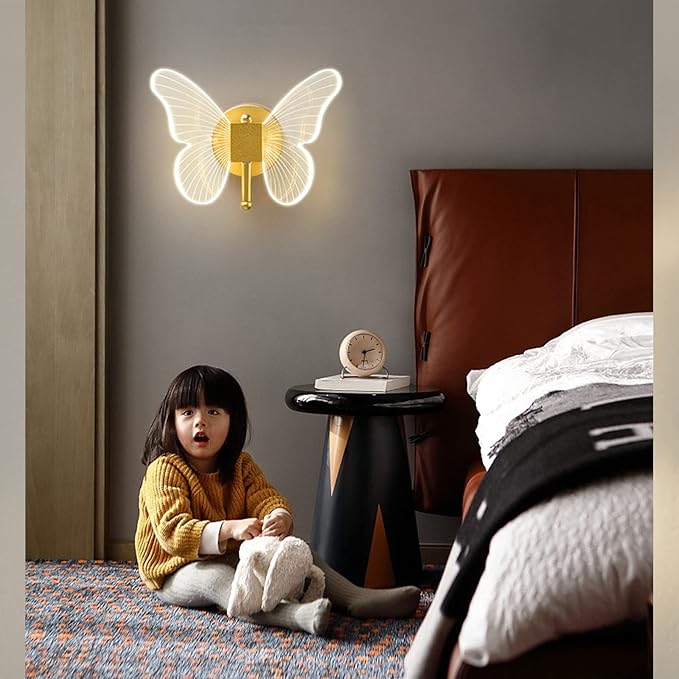 Chrasy 10W LED Wall Light Indoor, Modern LED Wall Sconce, Creative Acrylic Butterfly Wall Lamp with Golden Color Base for Bedroom Living Room Office Restaurant Hallway, 3 Color Temp Adjustable