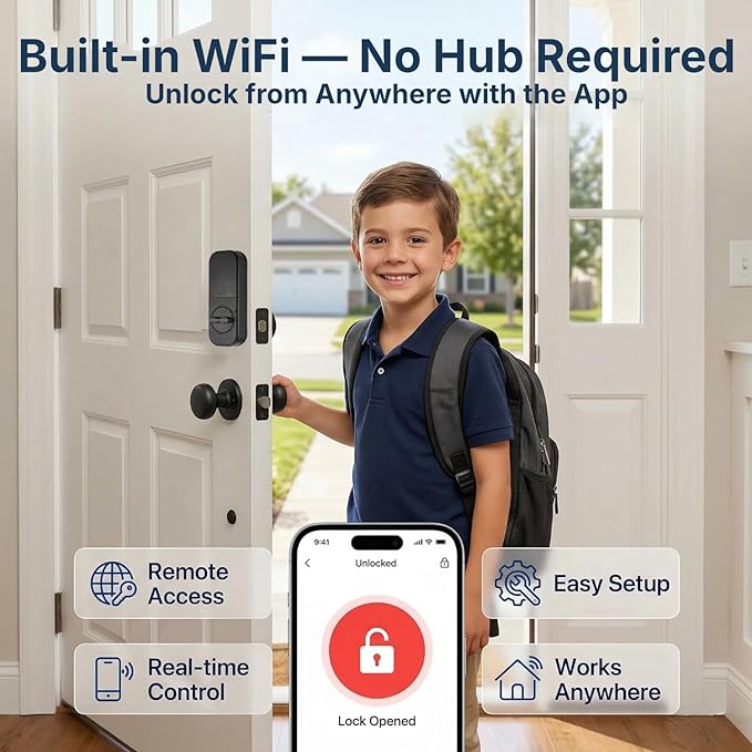 WiFi Smart Lock with Fingerprint, Keyless Entry Door Lock for Front Door, Built-in WiFi, Touchscreen Keypad Deadbolt, App Remote Control, Auto Lock, Easy Installation