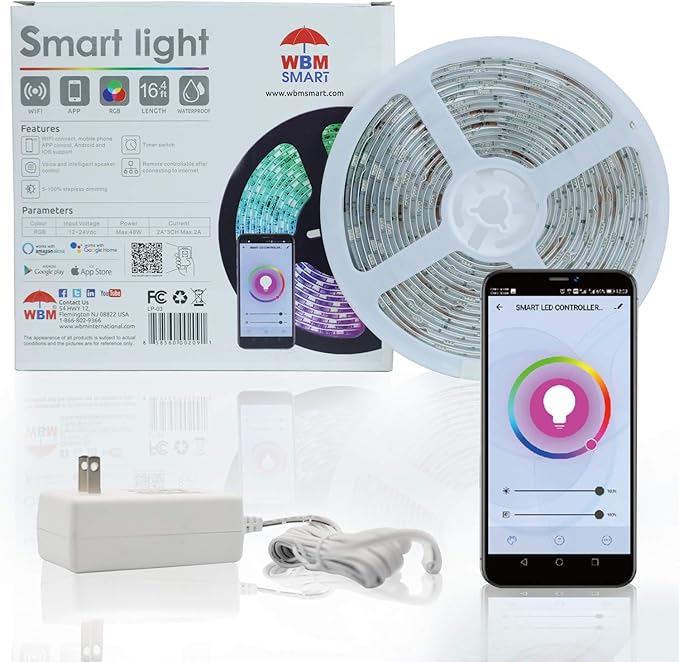 WBM Smart RGB LED Strip Lights, IP65 Waterproof 16.4 ft Long LED Strip, Compatible with Alexa, Google Home, App Control for Home, Kitchen, Bedroom