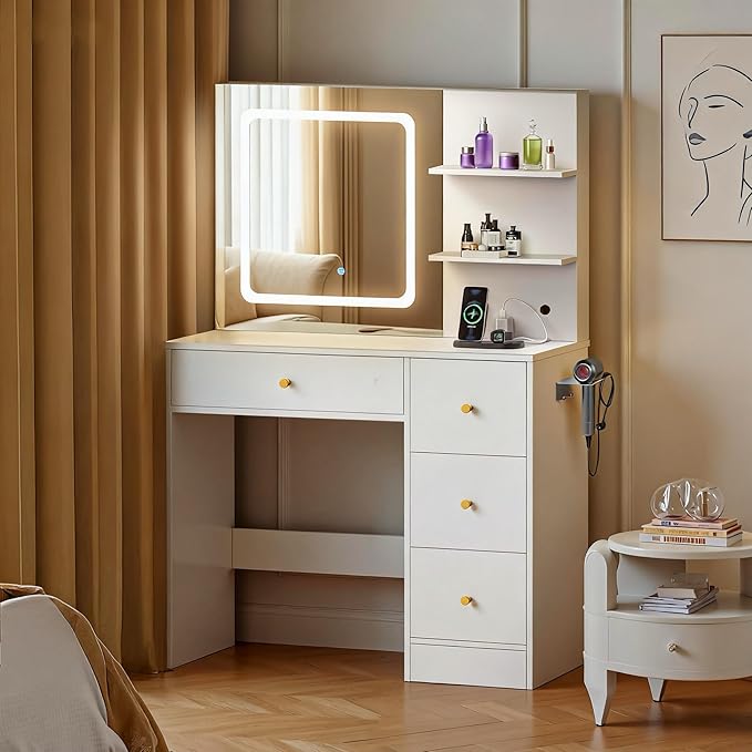 Makeup Vanity Desk with Mirror and LED Lights, White Vanity Table with Charging Station, 3 Open Storage Shelves & 4 Drawers, Dressing Table with 3 Color Modes & Adjustable Brightness for Bedroom