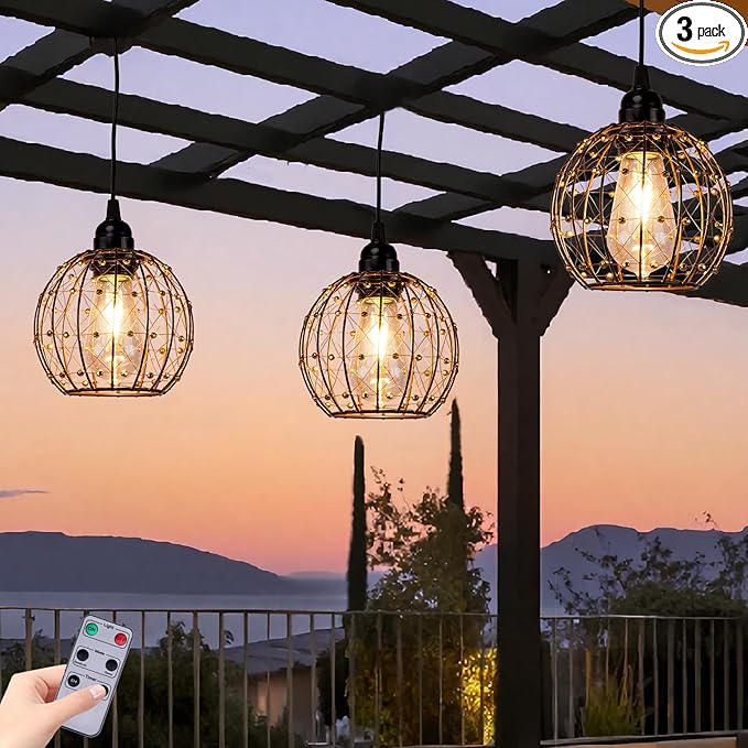Hanging Pendant Lights, Battery Operated Outdoor Chandelier with Warm White LED Bulb for Patio Tree Pergola Gazebo Porch (Beaded Ball-ST58-3PK)