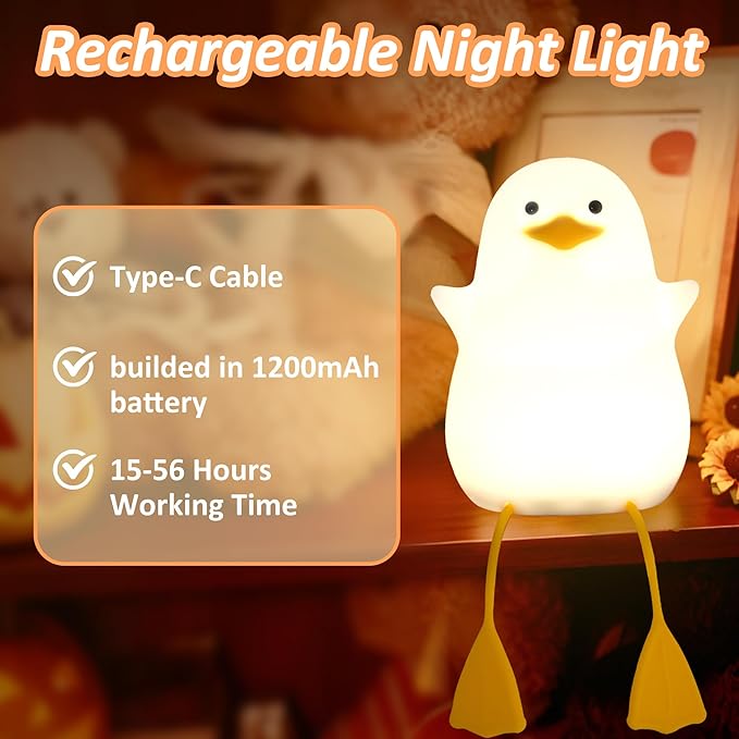Duck Night Light, Cute Ducks Gifts, Squishy Silicone Animal Night Lamp for Nursery Bedside with Dimmer & Rechargeable, Gifts for Birthday Holiday Valentine's Day Mothers' Day
