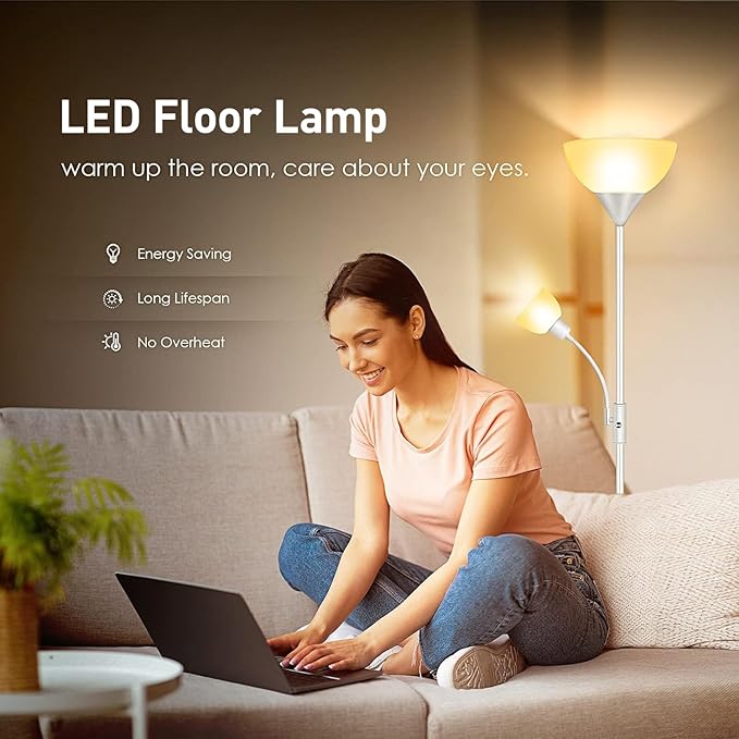 Torchiere Floor Lamps for Living Room, Standing Lamp, 71" Tall Pole Lamps with Adjustable Reading Light, 3-Way Rotary Switch, Plastic Shade, Bright Torch Corner Lamp for Bedroom, White(E26, No Bulb)