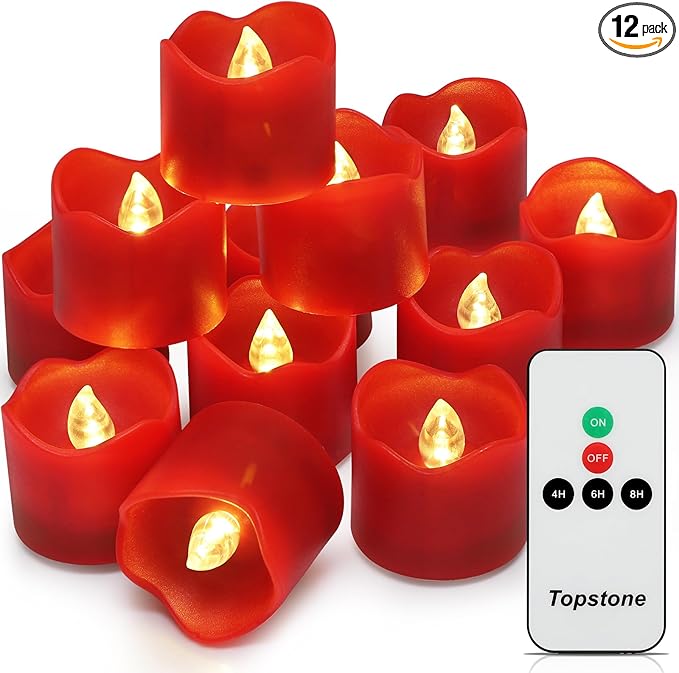 Topstone Red Remote Control Flameless Tealight Candles,CR2450 Battery Powered Votive Candles with Timer,Electric Fake Candle for Home, Christmas Decoration,Pack of 12
