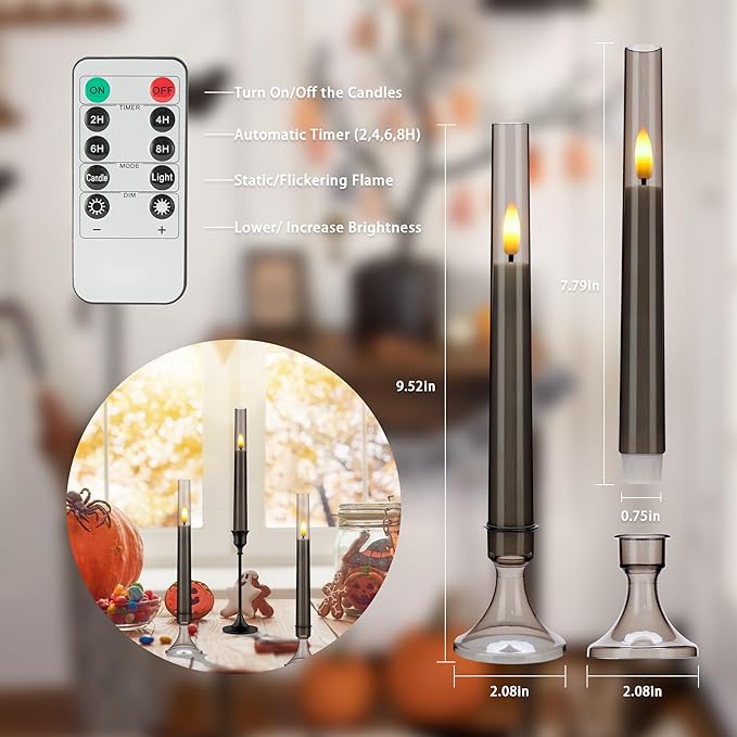 Flameless Taper Candles with Remote and Timer, Battery Operated Window Candles, 6 Pack LED Acrylic Candlesticks with Holders for Home Decor, Christmas Window Decor