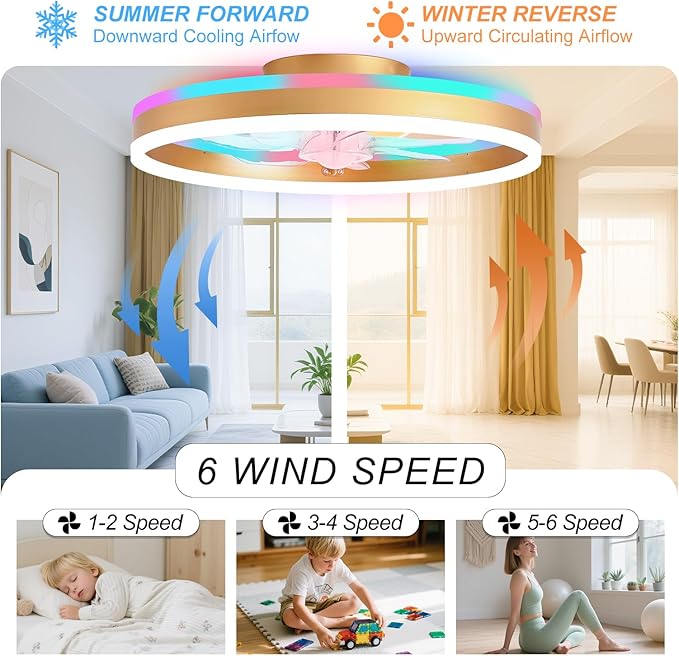 RGB Ceiling Fans with Lights, 20" Fandelier Low Profile Ceiling Fan with Light, Modern Flush Mount Ceiling Fan Light with Remote/APP Control, Bedroom Chandelier Fan Fixture for Indoor(Gold)