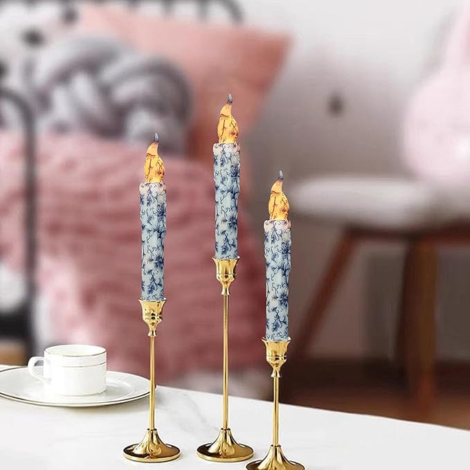 Blue and White Porcelain Flameless Short Taper Candles, Drip LED Battery Operated with Remote, Flickering Flame Lights for Home Décor, 6.7 Inch Primitive Flameless Print Candles, 4PCS