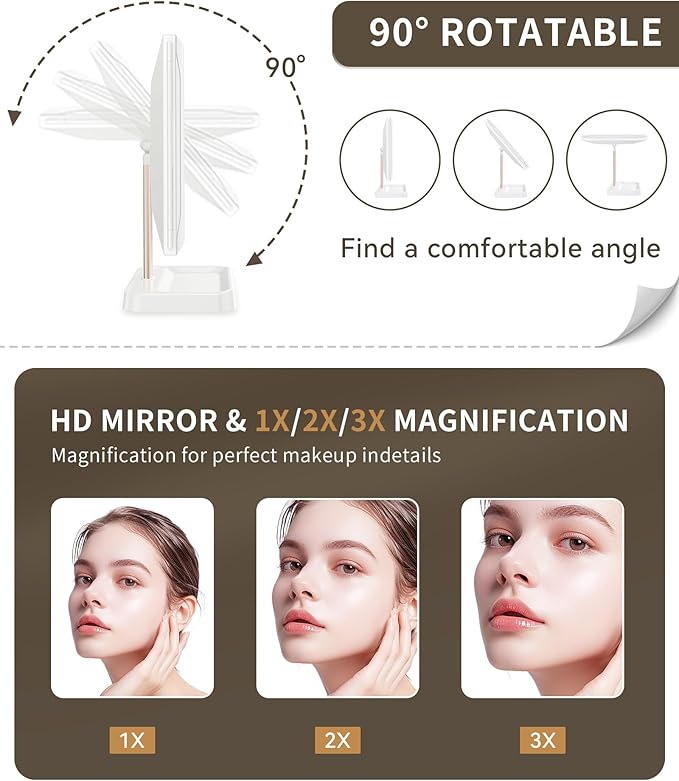 Makeup Mirror Vanity Mirror with Lights, 1X, 2X, 3X Magnification, 3 Color Lighting,Touch Sensor Dimmable, Light Up Tabletop Cosmetic Mirror