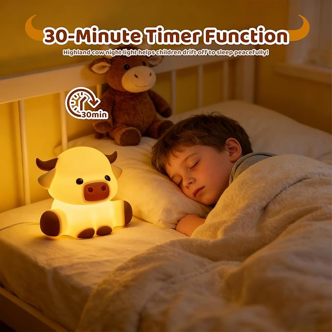 Cute Highland Cow Night Light, LED Touch Silicone Lamp for Bedroom with 7 Colors Timer and Dimmable Squishy Warm Light Night Lights, Rechargeable Animal Lamp for Bedroom Decor Birthday Gift