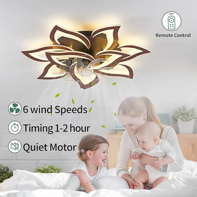 Modern Ceiling Fan with Light and Remote, Low Profile Ceiling Fans with Lights, 32 Inch Flush Mount Ceiling Fan with 3 Light Color 6 Speeds, Fandelier Ceiling Fans for Living Room (Malnutcolor)
