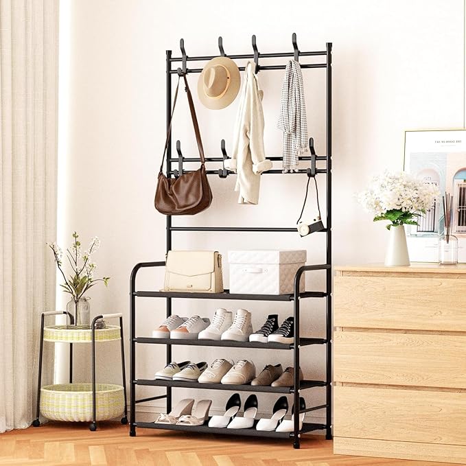 darsun Hall Tree with Shoe Storage Bench, 4-Tier Coat Rack with 8 Hooks, Multipurpose Entryway Organizer for Hall, Bedroom, Office, Shoe Bench with Storage (23.6in)