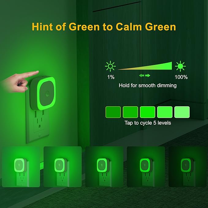2 Pack Plug in Night Light with Motion Sensor & Dusk to Dawn Sensor, 3 Sensor Modes, Auto ON/Off, Owl Mode for Steady Low Light, Dimmable, Calming Green LED for Home Office, Hallway, Bathroom