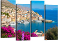 Canvas Wall Art Prints Pictures Symi town cityscape Dodecanese islands Greece Framed Posters Modern Wall Painting Artwork Gift Home Decor for Living Room Ready to Hang 4 Panel