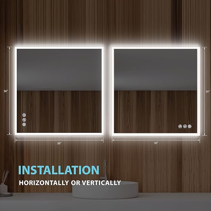 Blossom 36"X36" LED Bathroom Mirror with Lights, Front Lit and Backlight, Stepless Dimmable, Anti-Fog, Shatter-Proof Tempered Glass, Memory, 3 Colors Lighting Bathroom Mirrors for Vanity