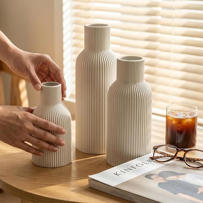 White Ceramic Vases Set of 3 - Modern Matte Ribbed Vases for Pampas Grass & Dried Flowers - Minimalist Decorative Centerpieces for Living Room, Shelf, Entryway & Wedding