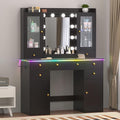 Vanity Desk with Mirror and Lights, 43" Black Makeup Vanity Set with 5 Drawers & Glass Cabinets, Power Outlet, Adjustable LED Lights & Makeup Tray, Dressing Table for Women & Girls Bedroom