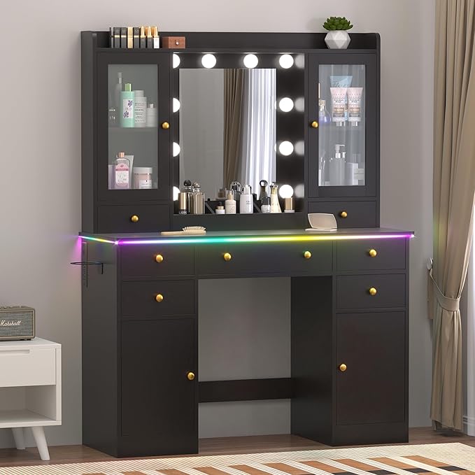 Vanity Desk with Mirror and Lights, 43" Black Makeup Vanity Set with 5 Drawers & Glass Cabinets, Power Outlet, Adjustable LED Lights & Makeup Tray, Dressing Table for Women & Girls Bedroom