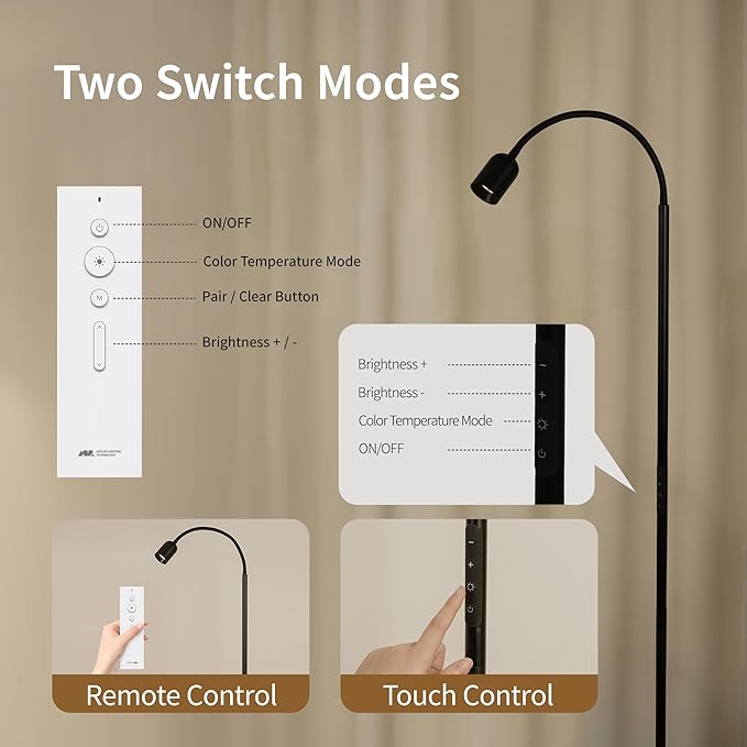 Aisilan LED Floor Lamp with Remote Control, Dimmable Standing Reading Lamp, Touch Control, Adjustable Color Temperature & Brightness, Modern Floor Lamps for Living Room Bedroom Office