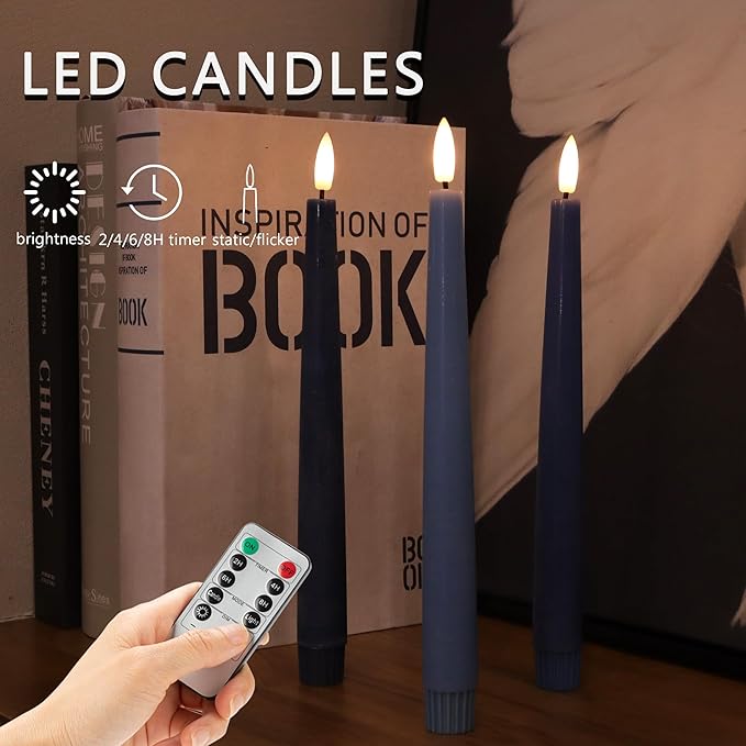 Blue Flameless Taper Candles, 9.6" Real Wax Battery Operated Candles with Remote, 3 Pack Flickering, Gradient Candlesticks, Fake Candle for Home, Wedding, Party Decor