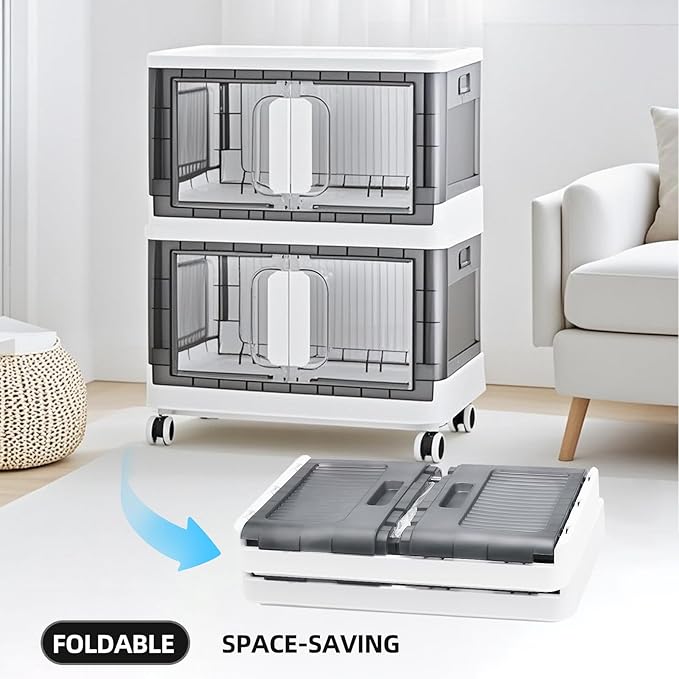 Folding Storage Organizer with Silent casters | Stackable Design for Home & Office, Heavy-Duty Plastic Storage Bin with Clear Door, 3 Sizes (19.5/23.5/27.5in),Black/White (19.7" 2 layer, White)