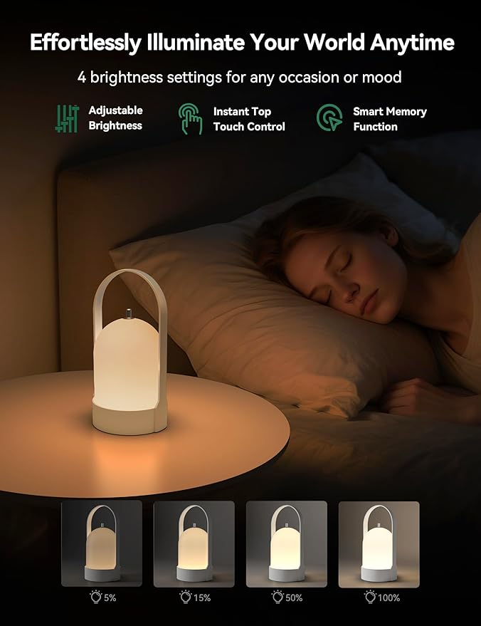 Tubicen Portable LED Lantern Table Lamp Battery Operated Rechargeable Cordless Lamp for Table 4-Level Touch Dimmable Night Light for Camping Bedroom Dining Room Balcony Restaurant