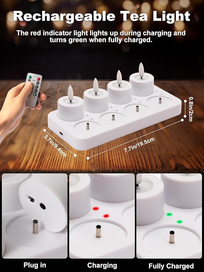 Rechargeable Flameless Tea Lights Candles with Timer Romote, 1.5"x 2" Small Votive Candle with USB Charging Base, Electric LED Candles for Wedding Centerpiece Table Decor (8 Pack)