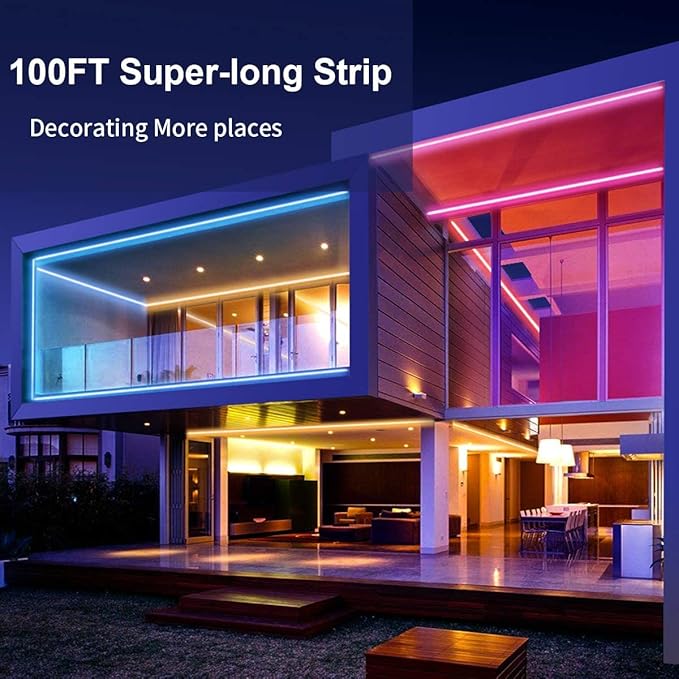 MIHEAL 100FT Outdoor LED Strip Light IP67 Waterproof,Outside RGB Lights with App/Remote Control,Color Changing,Music Sync Rope Light for Balcony,Deck,Rooftop,Garden,Pool