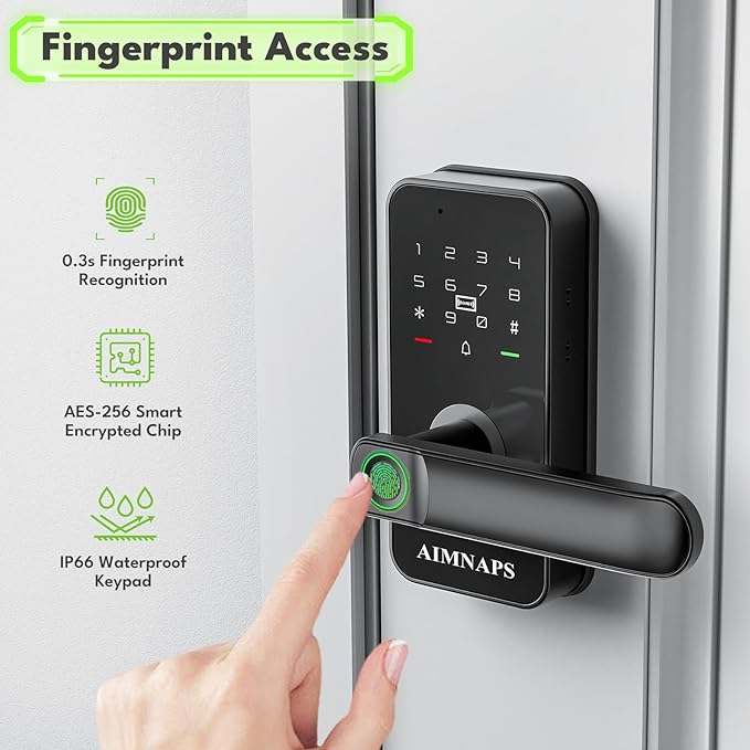Keyless Entry Door Lock with Handle, Door Locks for Bedroom, Auto Lock, Fingerprint Door Knob with Key, Passcode, Digital Smart Code & Front Handle Sets-Black