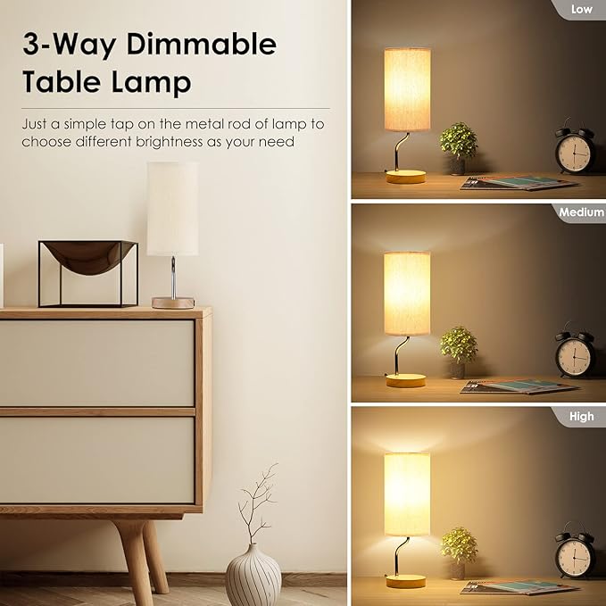 Smart Bedside Table Lamp Set of 2 with Wireless Charger & USB Port - Touch Control LED Desk Lamp for Bedroom, Dimmable Wooden Nightstand Lamp with Fabric Shade for Living Room, Kid's Room,(Cream)