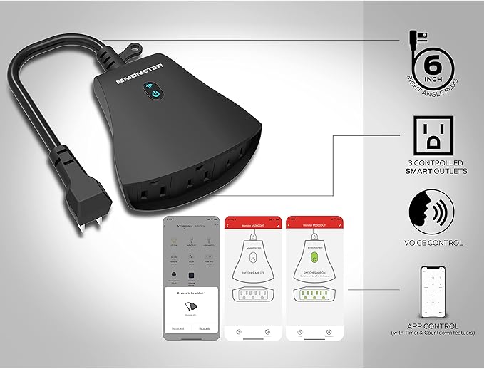 Monster Outdoor Smart Outlet Plug, 3-Outlet, Voice Control Compatible with Alexa and Google Assistant, Scheduling, Timer Control, Automation, Quick Setup via 2.4GHz Wi-Fi, Smart Outdoor Plug