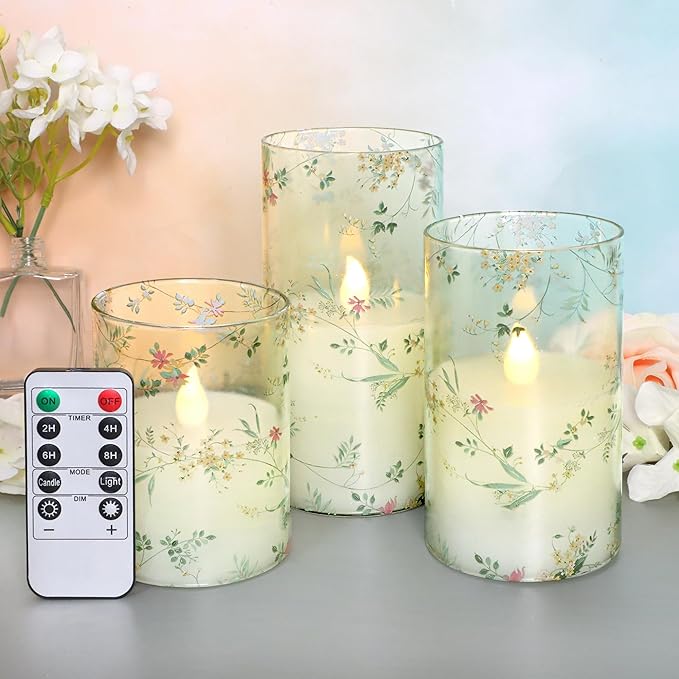 Flameless Candles with Remote Control, Flickering LED Glass Candles, Battery-Operated with Timer and Adjustable Brightness, Floral Branch Design for Home Decor and Wedding, Set of 3