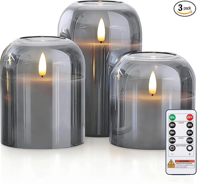 Homemory Glass Flameless Candles, Battery Operated Plliar Candles Realistic Flickering, LED Electric Light with Remote and Timer for Home, Christmas Decoration, Gray, Set of 3